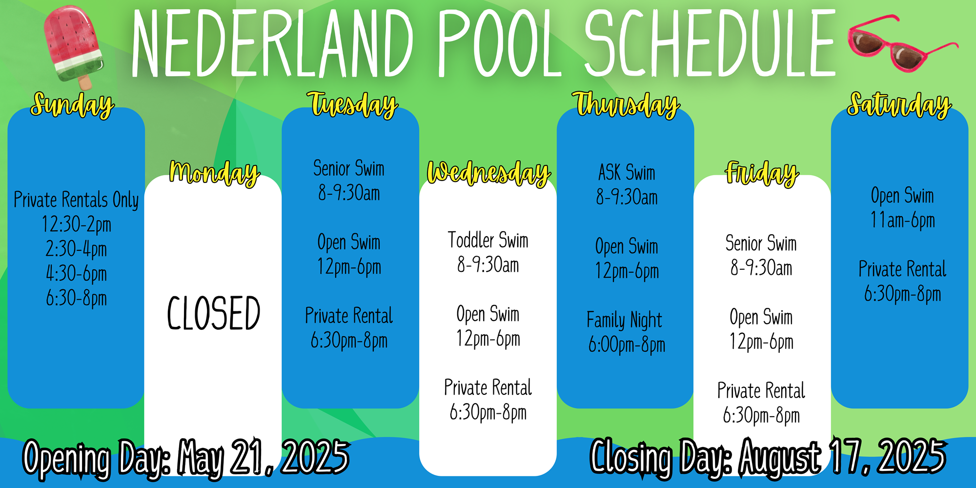 Nederland pool schedule 2025